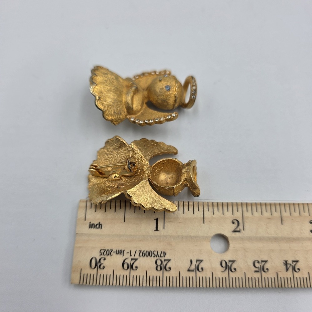 2‎ VTG Ultra Signed Angels on My Shoulder Rhinestone Gold Tone Pin Brooches 1.5" - Picture 7 of 7